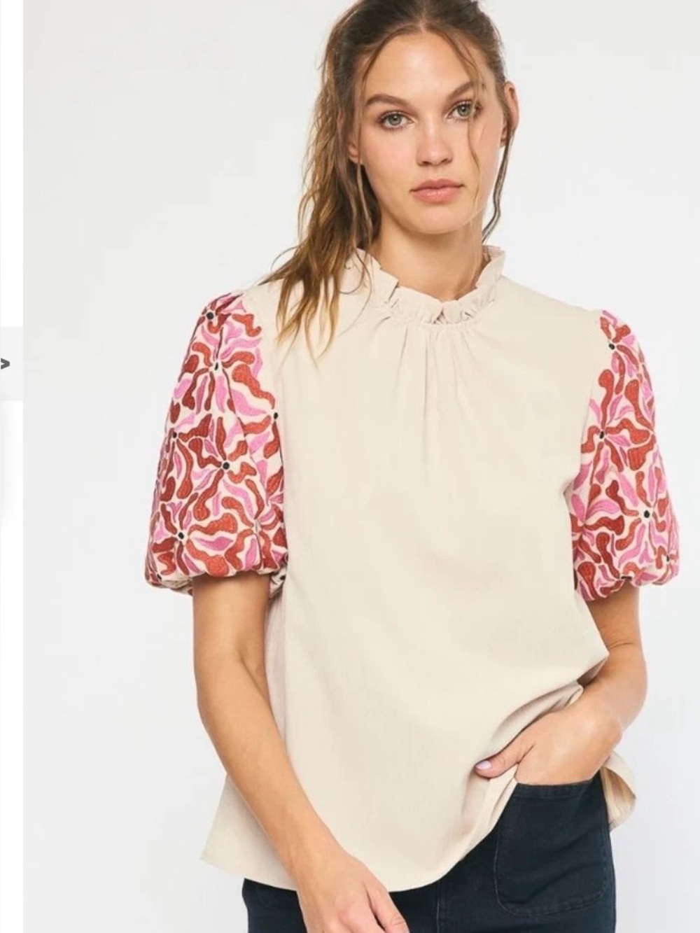 ANTHROPOLOGIE entro EMBROIDERED PUFF SLEEVE TOP sz Medium